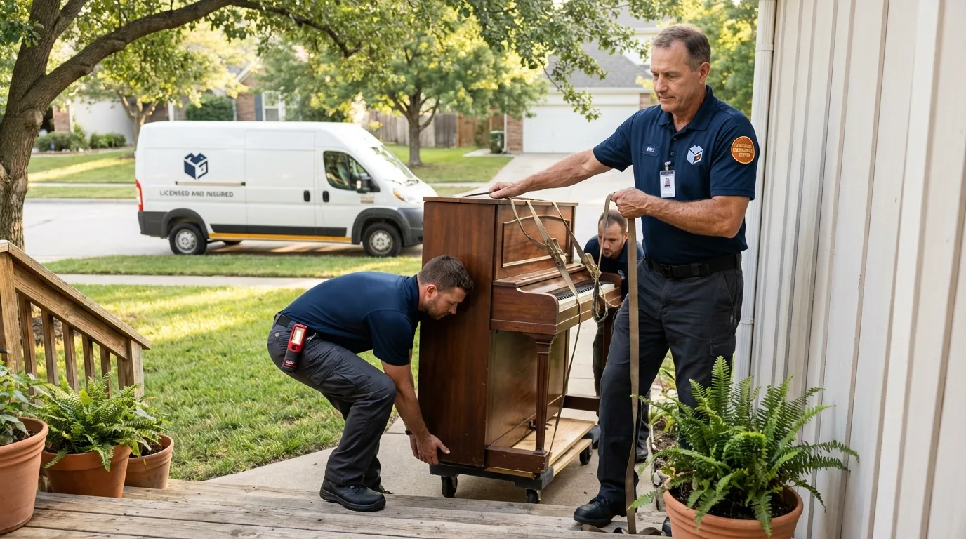 Licensed piano movers securing grand piano in Maquoketa, IA