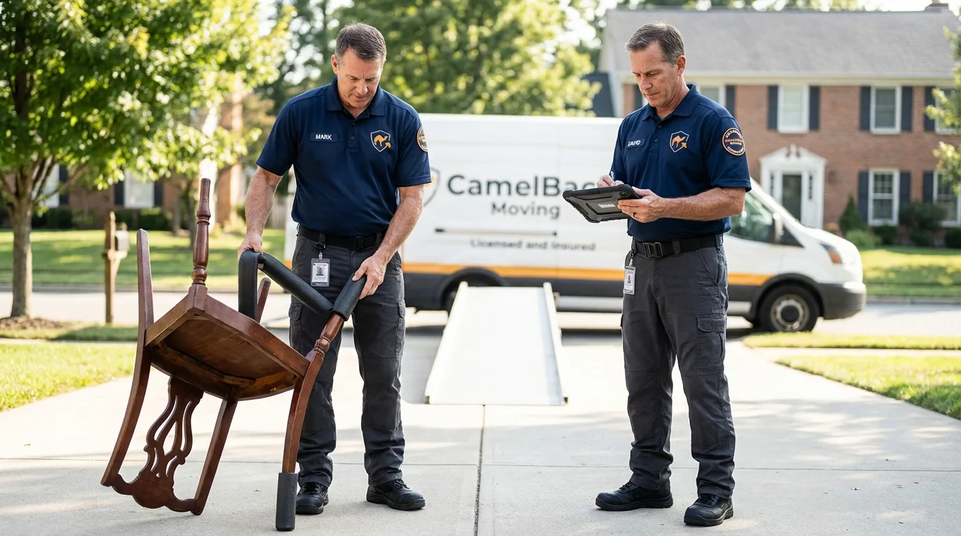 Movers inspecting furniture for damage prevention before loading in Maquoketa, IA