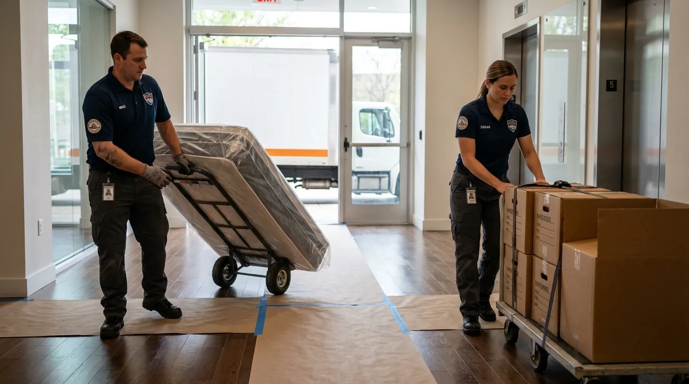 Professional apartment movers loading elevator in Maquoketa, IA