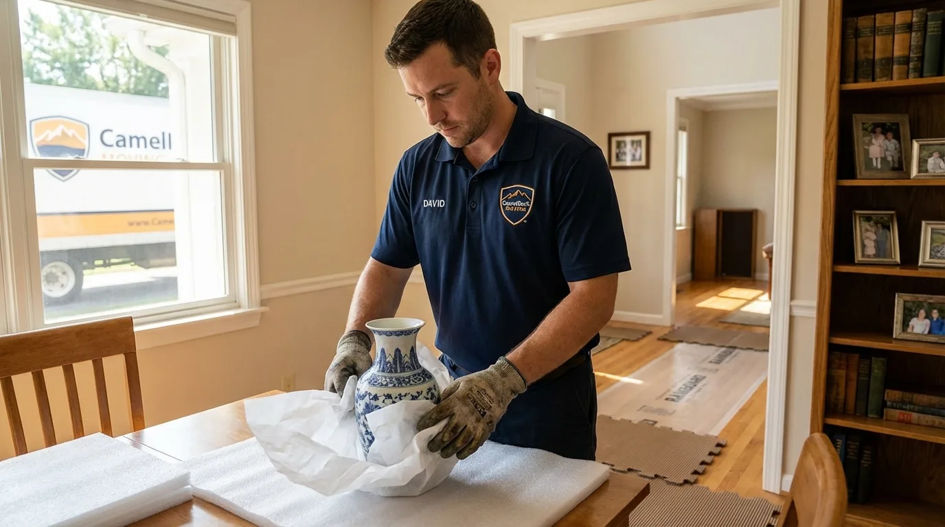 Professional crew carefully wrapping antique vase for senior downsizing move in Maquoketa, IA